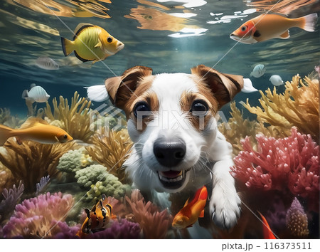 A cute Jack Russell Terrier dog swims underwater. Generated AI.  116373511