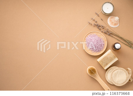 Organic sea salt for the body with dry lavender flowers, sponge, brush, soap and candle  116373668