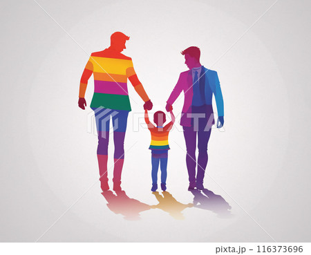 Drawing of a non-traditional family. Rear view of two men and their son walking holding hands.  116373696