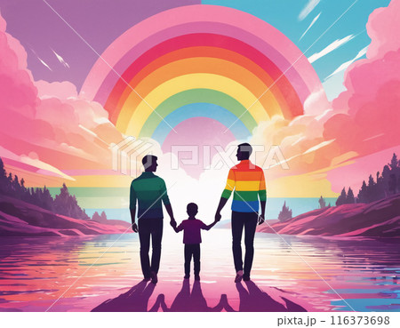 Drawing of a non-traditional family. Rear view of two men and their son walking holding hands.  116373698