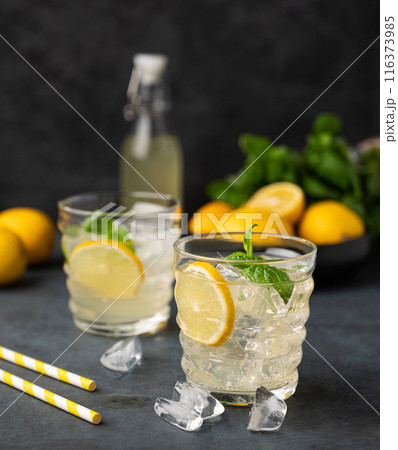 Two glasses of Lemonade drink with fresh lemons. Refreshing cocktails with lemon, mint and ice Two glasses of Lemonade drink with fresh lemons. Refreshing cocktails with lemon, mint and ice 116373985