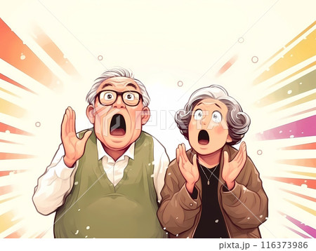 目と口を大きく開けて、とても驚いているシニア夫妻 116373986