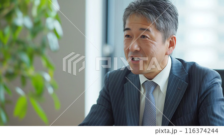 スーツを着たマネージャーと思しき中年男性がミーティングなどで発言している様子 スーツを着たマネージャーと思しき中年男性がミーティングなどで発言している様子 116374244