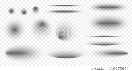 Set of circle and oval shadow effects. Different realistic soft grey shapes. Round and elliptic package box shades isolated on transparent background. Vector realistic illustration 116375044