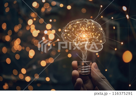Human brain with glowing light bulb on dark background. Idea and innovation concept 116375291