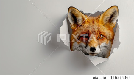 Cute fox peeks through the hole in the paper wall. 116375365