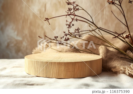 Wooden podiums on light background with dried flowers. Mockup for product presentation 116375390