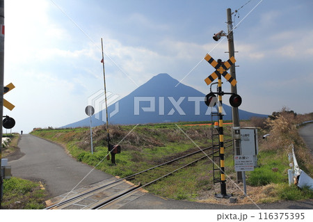 ローカル線・踏切の遮断機と鉄路と開聞岳 116375395
