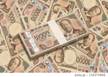 敷き詰められた新紙幣の一万円札と百万円の札束 敷き詰められた新紙幣の一万円札と百万円の札束 116375668