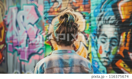 Back view of graffiti painter looking to the wall with his paintings. Street art concept 116375674