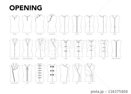 Set of openings for tops, shirts, jackets, blouses, coats, dresses styles technical fashion illustration. Flat apparel 116375808