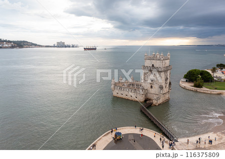 Belem Tower on Tagus river in Lisbon, Aerial view 116375809