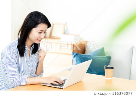 リビングでパソコンをする女性 116376077