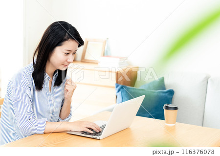 リビングでパソコンをする女性 116376078