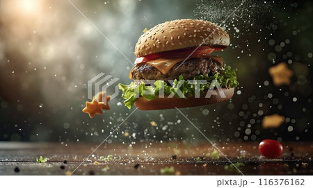 Delicious burger with flying ingredients. Creative photography of food on a dark background with bokeh 116376162