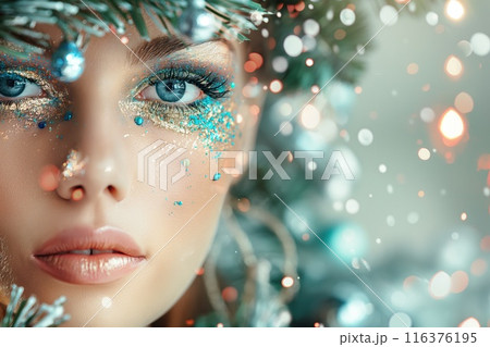 Beautiful woman with bright winter makeup and New Year decorations 116376195