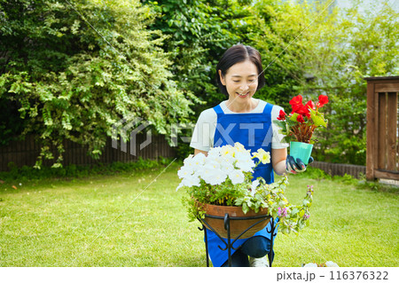 寄せ植えをする笑顔のミドル女性 寄せ植えをする笑顔のミドル女性 116376322