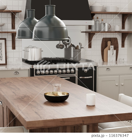 Design a modern, cozy kitchen with rustic touch, wooden island, and industrial lighting for style 116376347
