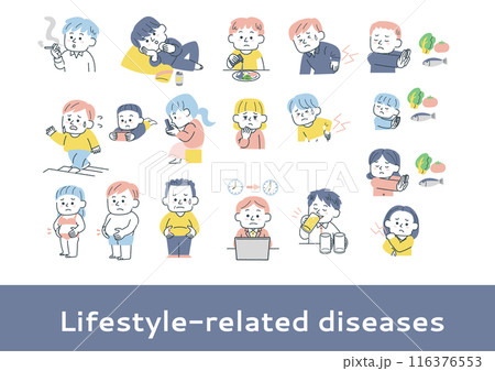 生活習慣病の原因になる行動をしている人々のイラスト 生活習慣病の原因になる行動をしている人々のイラスト 116376553