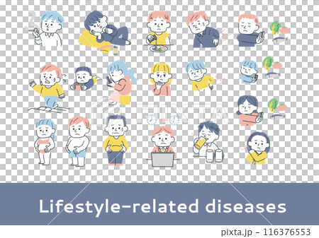 生活習慣病の原因になる行動をしている人々のイラスト 生活習慣病の原因になる行動をしている人々のイラスト 116376553