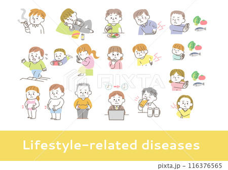 生活習慣病の原因になる行動をしている人々のイラスト 生活習慣病の原因になる行動をしている人々のイラスト 116376565