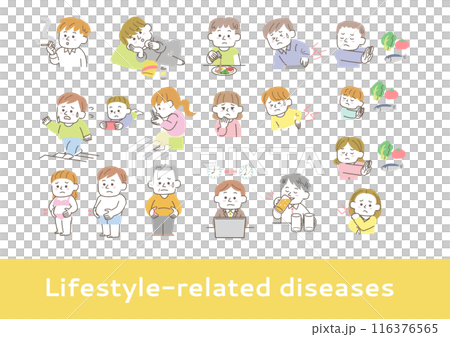 生活習慣病の原因になる行動をしている人々のイラスト 生活習慣病の原因になる行動をしている人々のイラスト 116376565