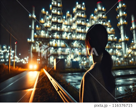 コンビナートを見つめる女性 116376715