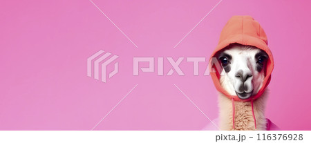 Little funny alpaca on pink background. Little funny alpaca on pink background. 116376928