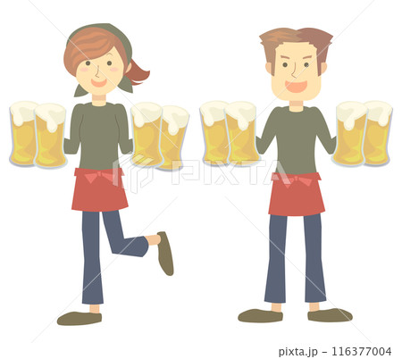 両手にビールを持った男女の居酒屋従業員 116377004