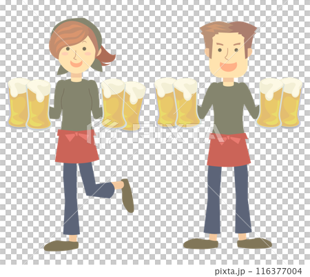 両手にビールを持った男女の居酒屋従業員 116377004