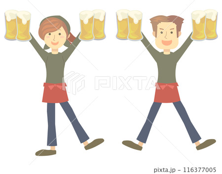 両手にビールを掲げた男女の居酒屋従業員 116377005