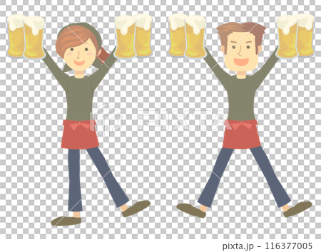 両手にビールを掲げた男女の居酒屋従業員 116377005