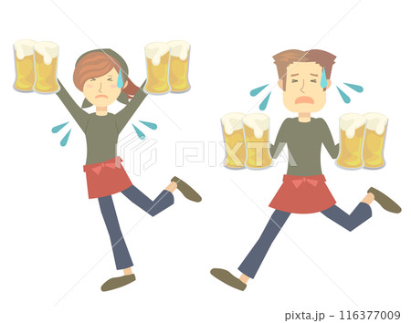 過酷で忙しい状況で慌てて走る男女の居酒屋従業員 過酷で忙しい状況で慌てて走る男女の居酒屋従業員 116377009