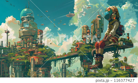 ソーラーパンク都市における機械仕掛けの人のイラスト 116377427