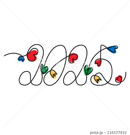 2025 hand lettering concept one continuous line with decorative hearts, flowers and colorful shapes 2025 hand lettering concept one continuous line with decorative hearts, flowers and colorful shapes 116377832