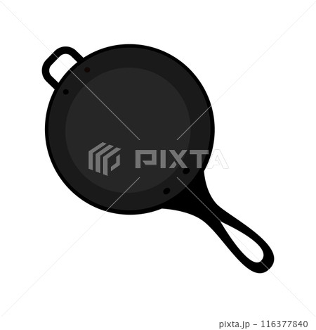 Circle cast iron fry pan with handle in cartoon style. Top view. Isolated Promo design element idea 116377840