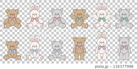 Vector illustration set of cute bear, rabbit and cat stuffed animals with ribbons Icon Animal Vector illustration set of cute bear, rabbit and cat stuffed animals with ribbons Icon Animal 116377996