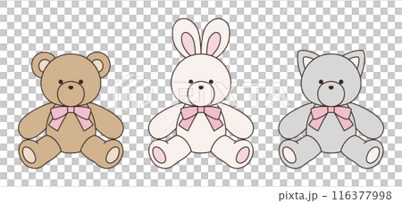 Vector illustration set of cute bear, rabbit and cat stuffed animals with ribbons Icon Animal 116377998