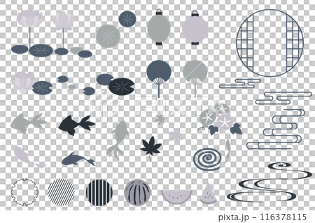 モノクロの夏の和風モチーフのイラストセット フレーム 縁起物 背景イラスト モノクロの夏の和風モチーフのイラストセット フレーム 縁起物 背景イラスト 116378115