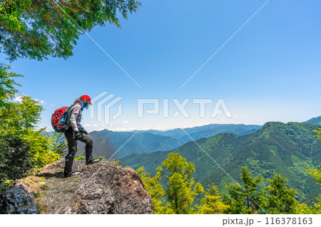 危険な崖を覗き込む登山者 116378163