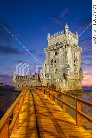 Belem Tower on the bank of the Tagus River in twilight. Lisbon, Portugal 116378478