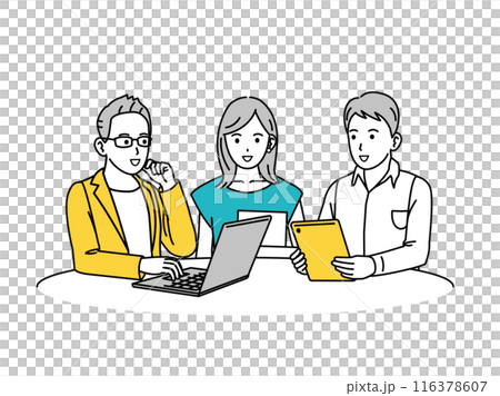 Illustration of business people and freelancers exchanging information and discussing 116378607