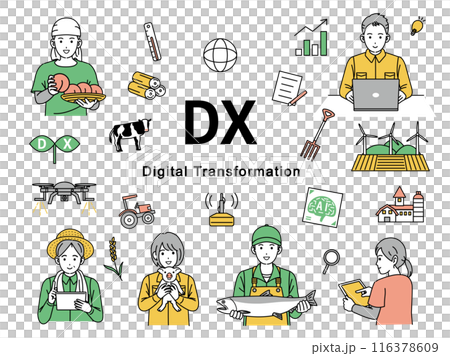 DX推進や取り組みをする一次産業のイラストセット DX推進や取り組みをする一次産業のイラストセット 116378609