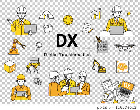 Illustration set of construction and manufacturing industries promoting and working on digital transformation Illustration set of construction and manufacturing industries promoting and working on digital transformation 116378612