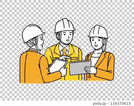 ミーティングや話し合いをする建設業、製造関係のイラスト 116378613
