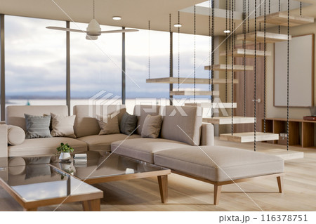 A contemporary, luxurious home villa living room features a cozy couch, a coffee table, home decor. 116378751