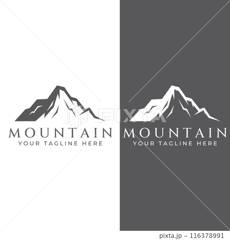Mountain landscape view, minimalistic design. Logo for photographers, climbers and adventurers. Editing using vector illustration. 116378991