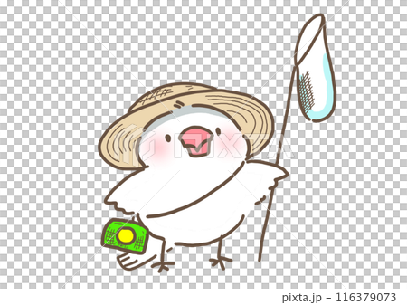 虫取り網とかごを持った麦わら帽子をかぶった文鳥 116379073