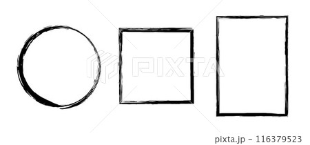 Grunge circle, square, rectangle frame set. Round and rectangular paint brush border collection. Black chalk or ink uneven stroke elements for design, banner, poster, flyer, brochure, cover. Vector 116379523