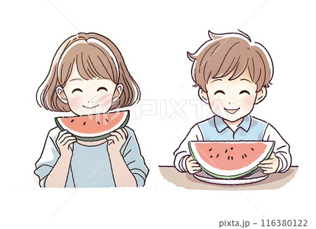 スイカを食べる子供のイラスト素材 116380122
